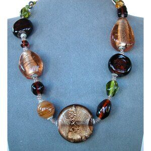 Handcrafted Glass Bead Necklace With Metallic Gold Accents & Mixed Colors 18" Ch